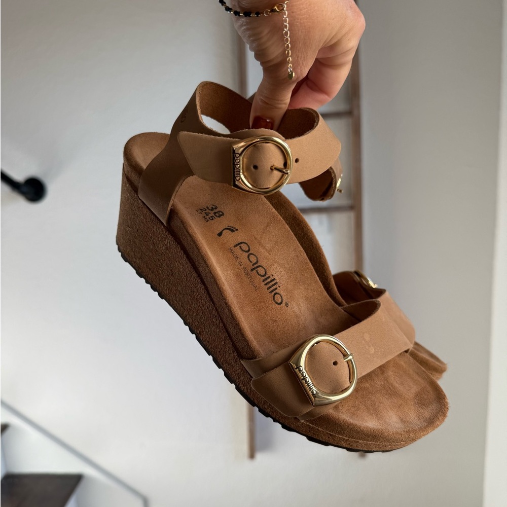 Papillio by Birkenstock Soley Leather Wedge Sandal in Sandcastle Sz: 7